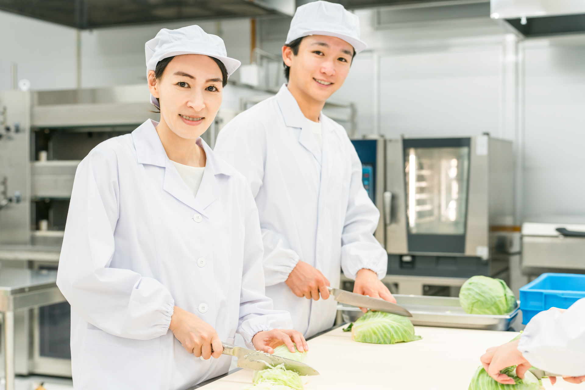 キャベツを切る調理スタッフ(給食受託会社)