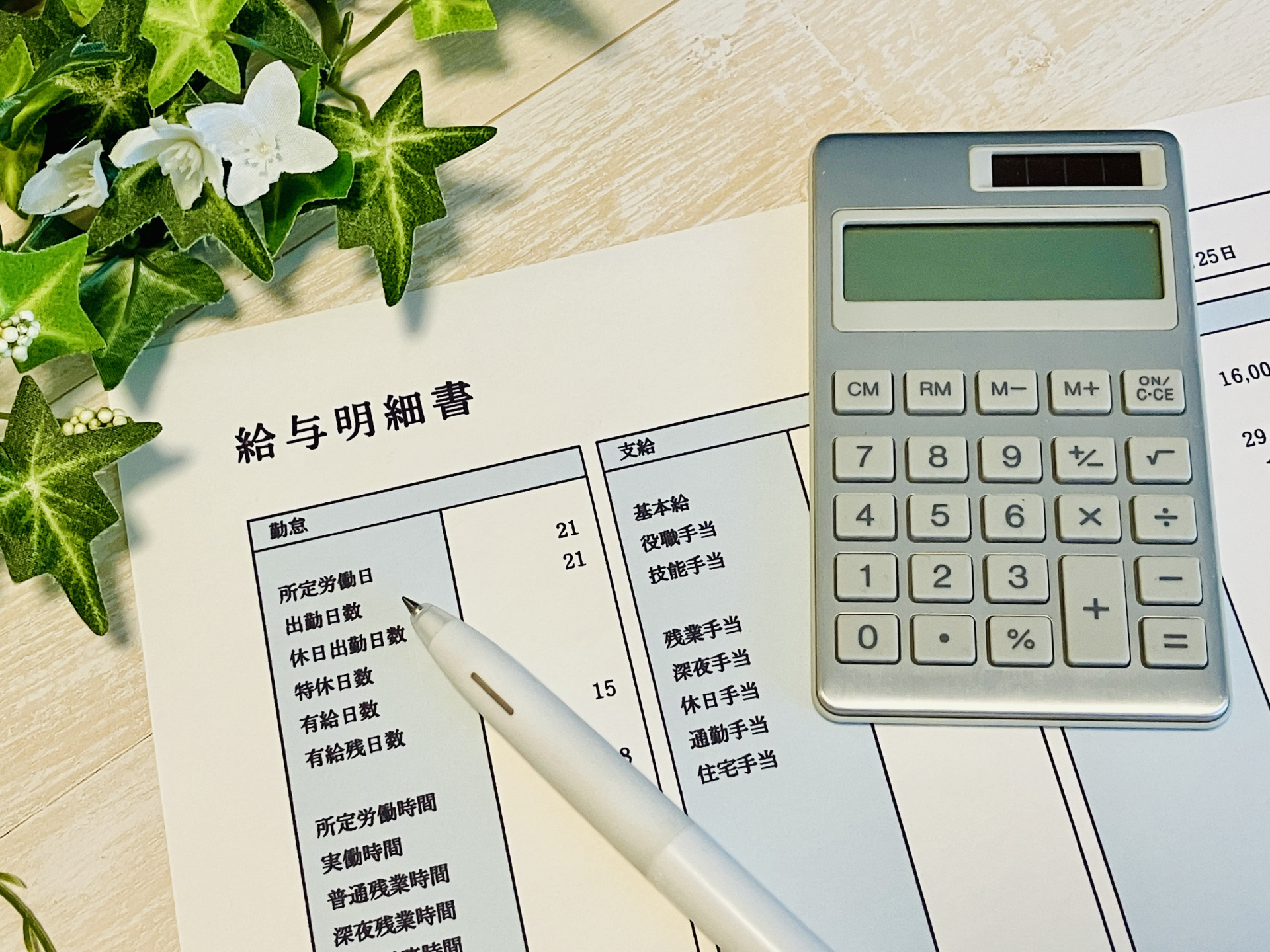 給与明細書と電卓